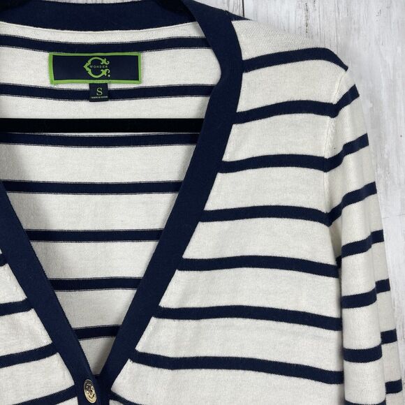 C Wonder Cardigan Sweater Small Blue White Stripe V-neck Preppy Nautical Coastal - Picture 2 of 9